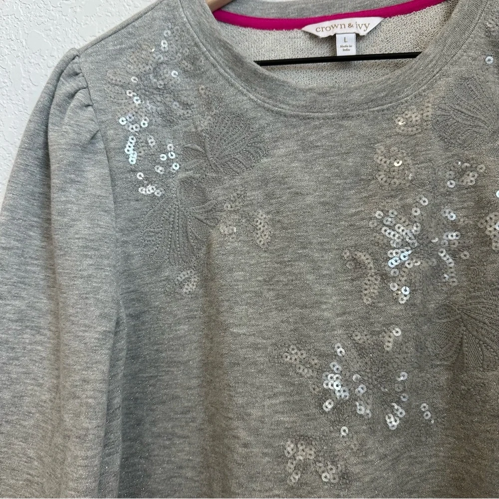 Crown & ivy Women’s Gray Cotton Crewneck Long Sleeve Sweater Size L - Picture 3 of 10
